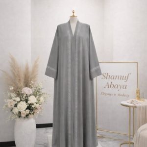 Grey Embroidered Open Abaya